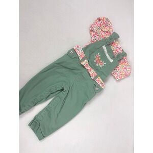 Little Lass Baby Girls Overalls and Top Floral Print Green Outfit Size 12 Months